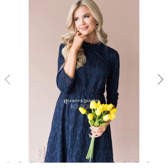 ORANGE CREEK | Navy Lace Knee Length Modest Dress - Picture 3 of 12